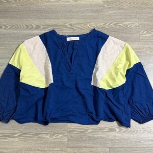 Free People Beating Hearts Linen Blend Top Blue Colorblock Puff Sleeve Medium‎